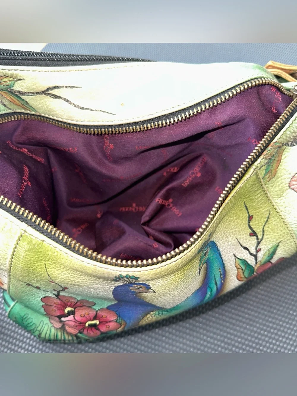 Anuschka Hand Painted Genuine Leather Hobo Shoulder Bag Peacock Floral